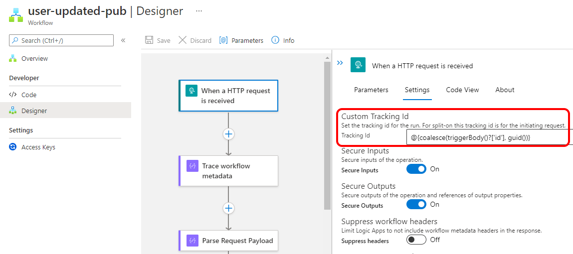 Configuring the custom tracking id property