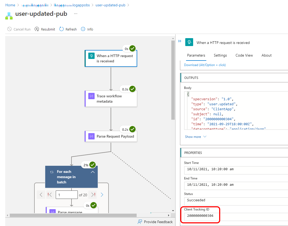 Inspecting the client tracking id in a run view