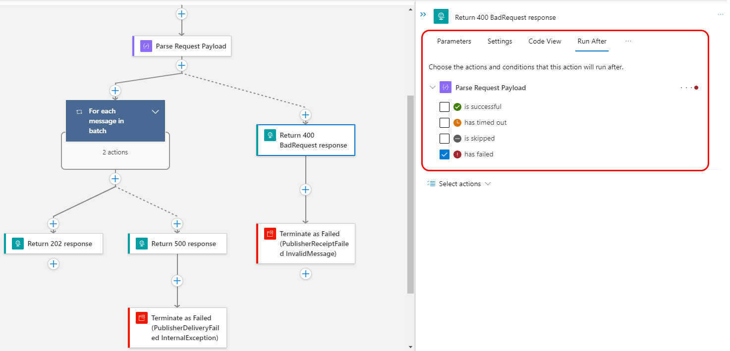 Exception handling using runAfter configuration