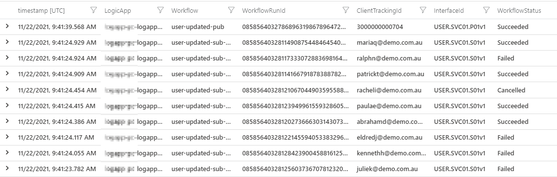 Sample query result including tracked properties